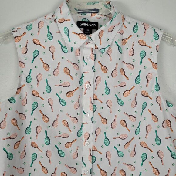 Lands' End No Iron Supima Cotton Sleeveless Button Shirt Tennis White Size 10P - Picture 4 of 10
